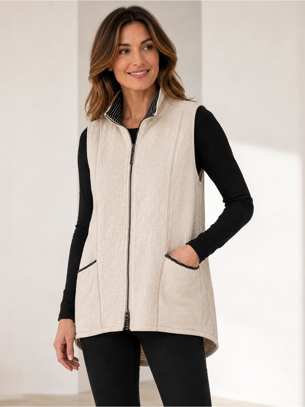 Habitat Longline Vest XL Cream Black Crinkle Texture Zip Front High Low Hem